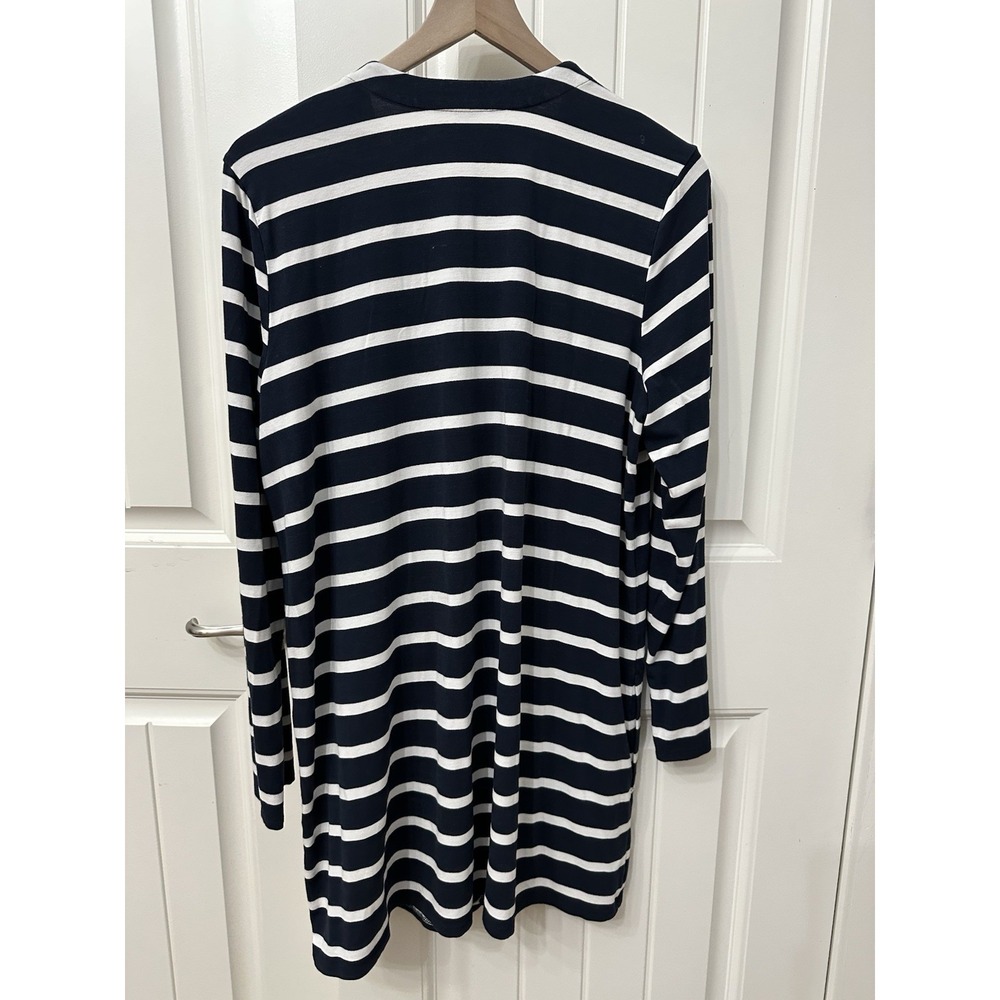 J. Jill Wearever Cardigan L Navy Blue White Striped Longline Single Button 628 - Picture 4 of 5
